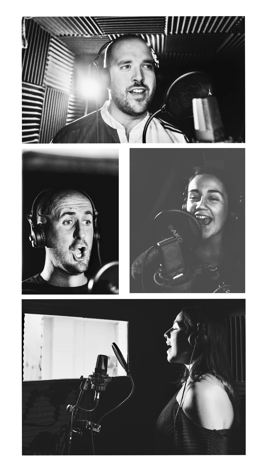Collection of four photos of the cast recording in the radio booth