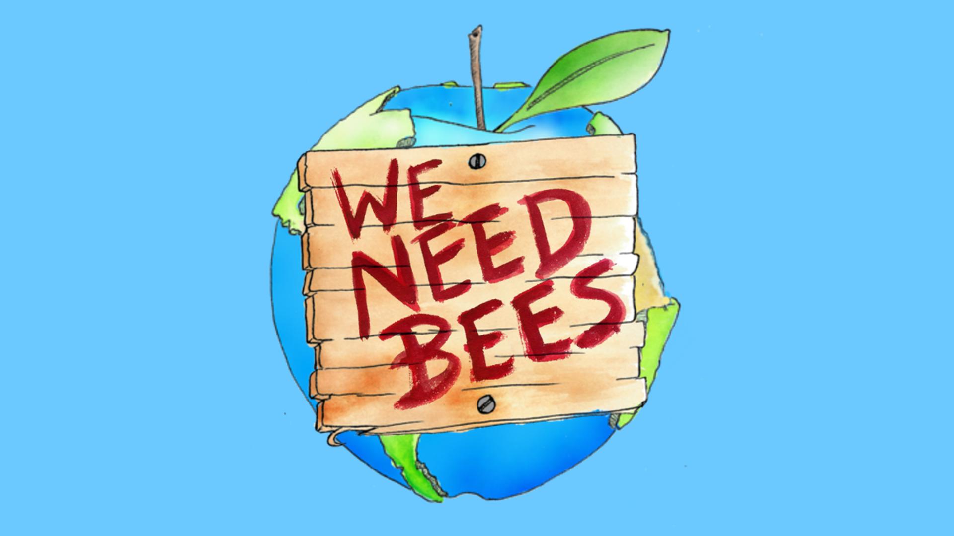 Illustration of an apple with "We Need Bees" painted on a wooden sign 