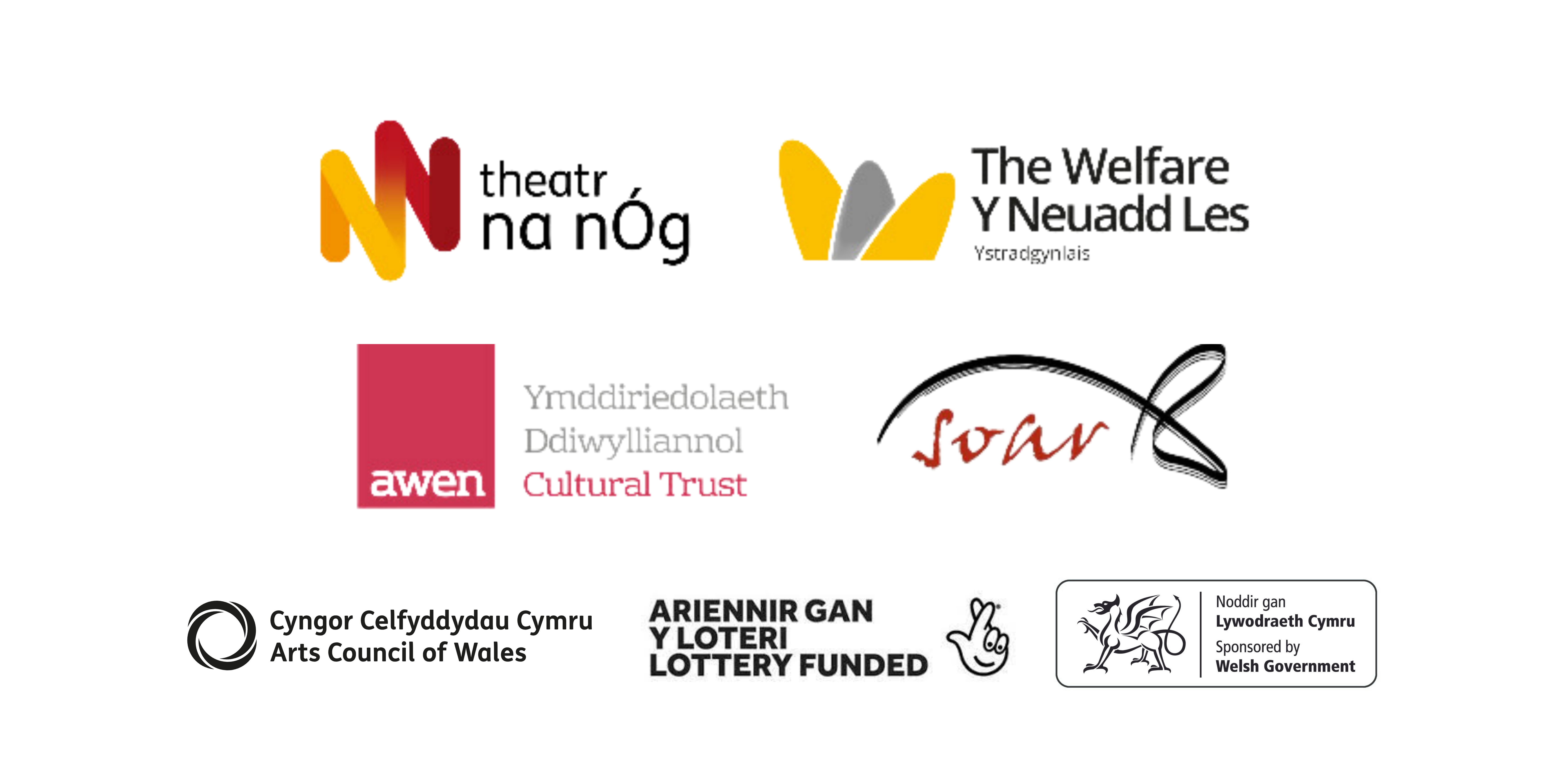 Logos of Theatr na nÓg, The Welfare Ystradgynlais, Awen Cultural Trust, Soar Merthyr, Arts Council o 