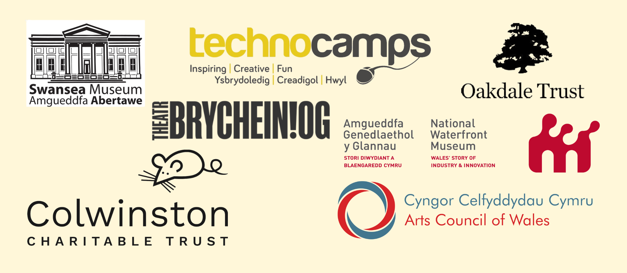 Image containing logos of Swansea Museum, Technocamps, the Oakdale Trust, the Colwinston Charitable Trust, Theatr Brycheiniog, the National Waterfront Museum and the Arts Council of Wales.