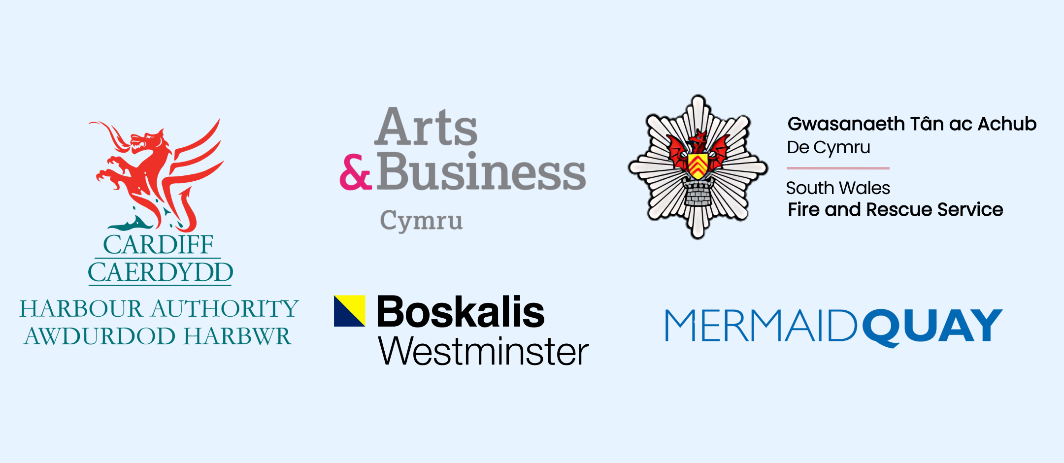 Logos of Cardiff Harbour Authority, Arts & Business Cymru, Boskalis Westminster, Mermaid Quay and South Wales Fire and Rescue.