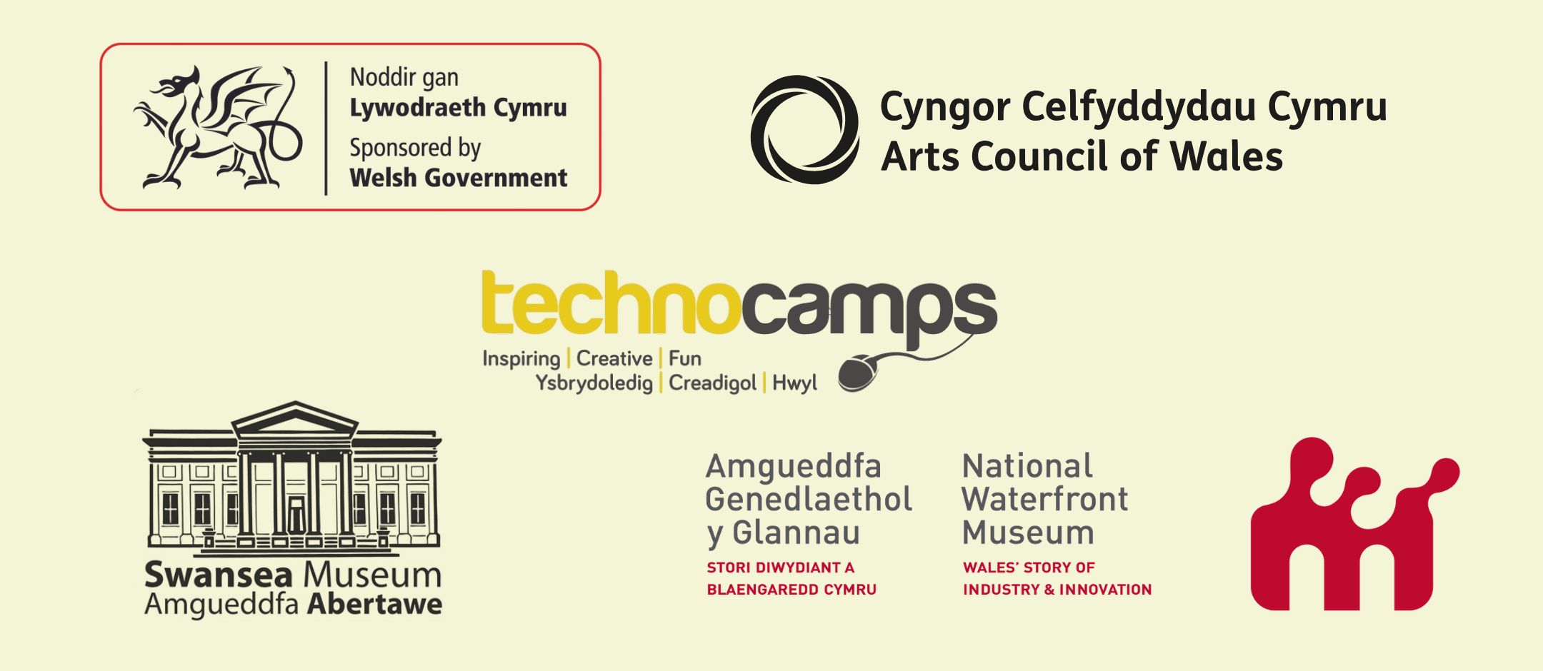 Logos: Welsh Government, Arts Council Wales, Technocamps, Swansea Museum, National Waterfront Museum