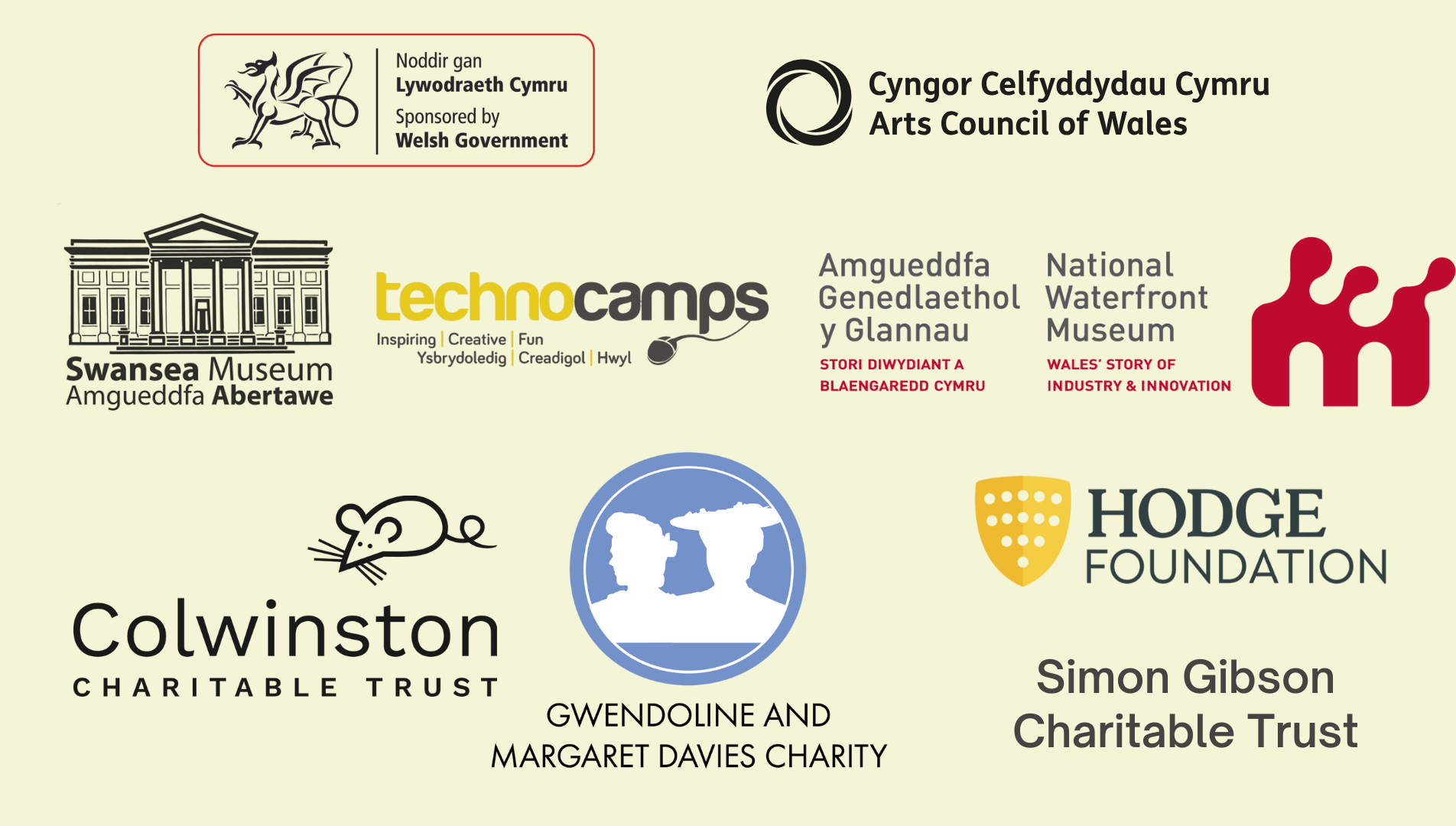 Logos: Welsh Government, Arts Council Wales, Technocamps, Swansea Museum, National Waterfront Museum, Gwendolyn and Margaret Davies Charity, Hodge Foundation, Colwinston Charitable Trust, Simon Gibson Charitable Trust