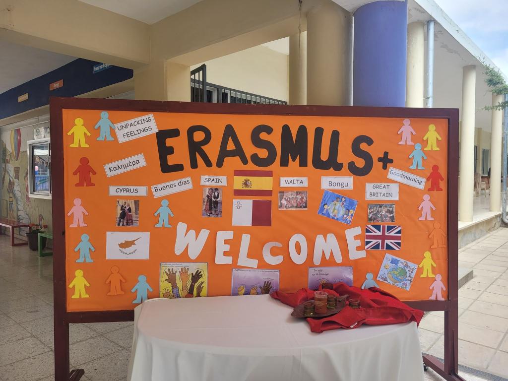 An orange display board that says 'Erasmus Welcome' with Spanish, Maltese, British and Cyprus flags.