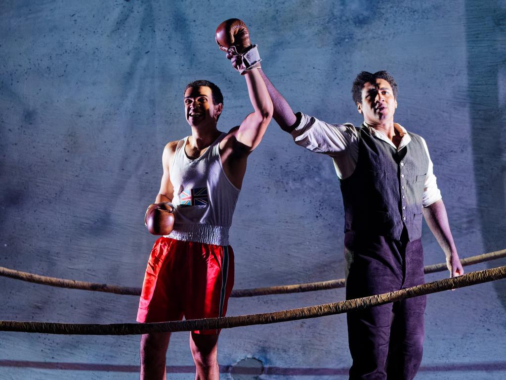 Actors Simeon Desvignes and Zach Levene in a a boxing ring