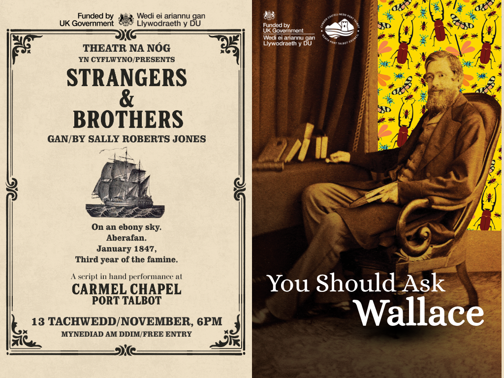 Image split in two. One side looks like an Irish immigration poster from the time of the Great Famine- reads: Strangers and Brothers by Sally Roberts Jones, with a drawn image of a grey ship. Other side: Alfred Russell Wallace sat in a chair, with the title You Should Ask Wallace