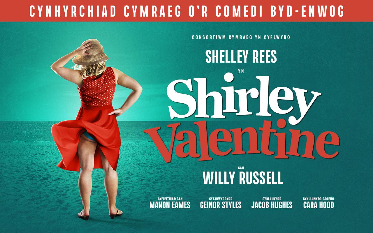 Poster of a lady in a red summer dress and straw hat standing on a beach with the words Shirley Valentine