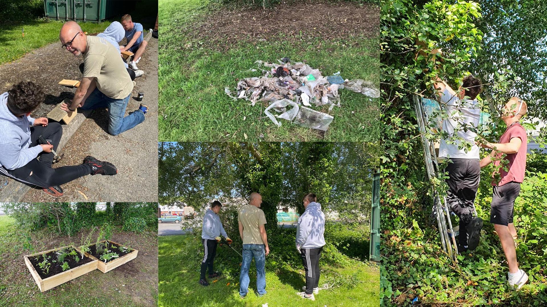 Five images of the community garden being installed by volunteers