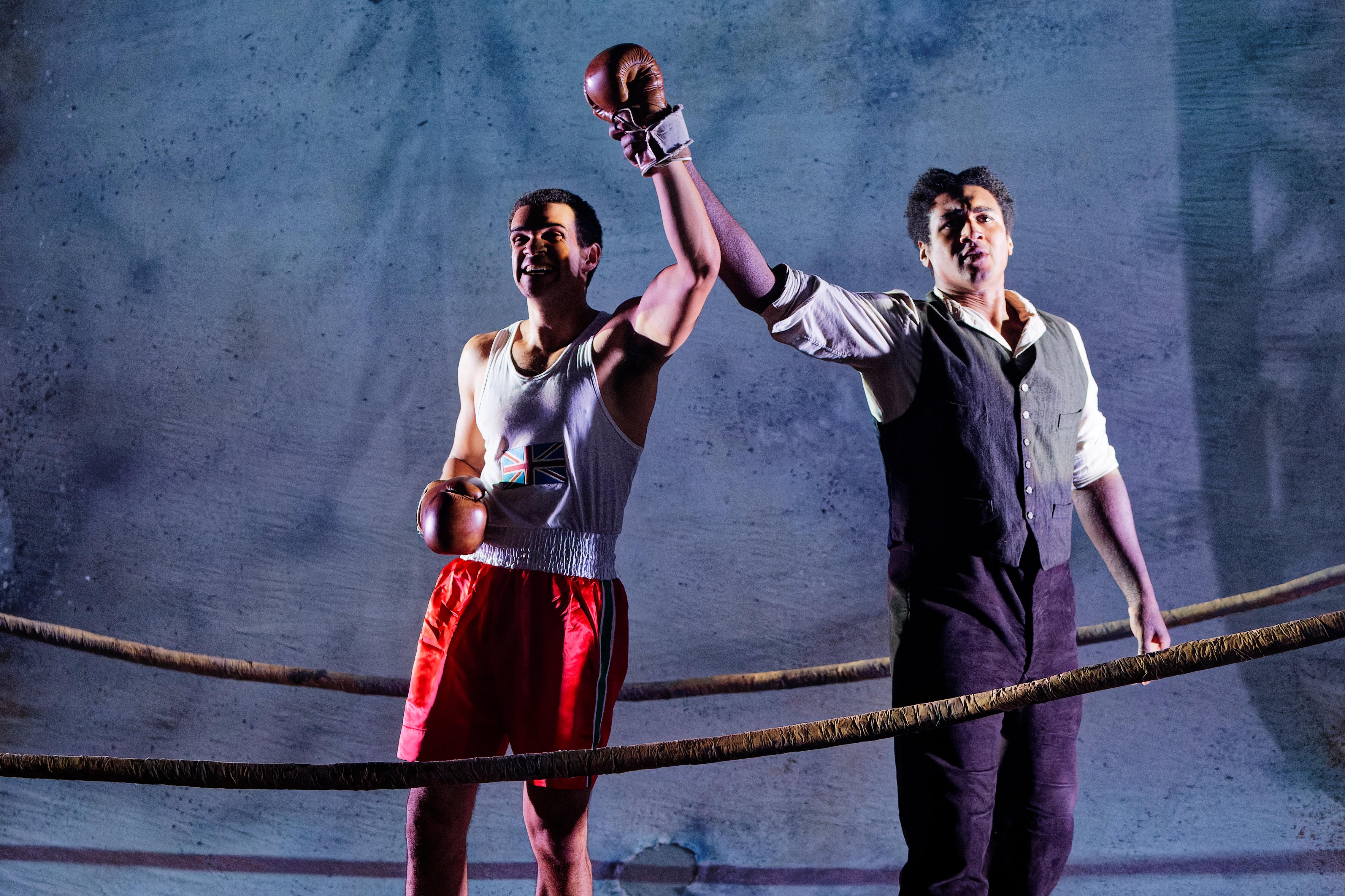 Actors Simeon Desvignes and Zach Levene in a a boxing ring