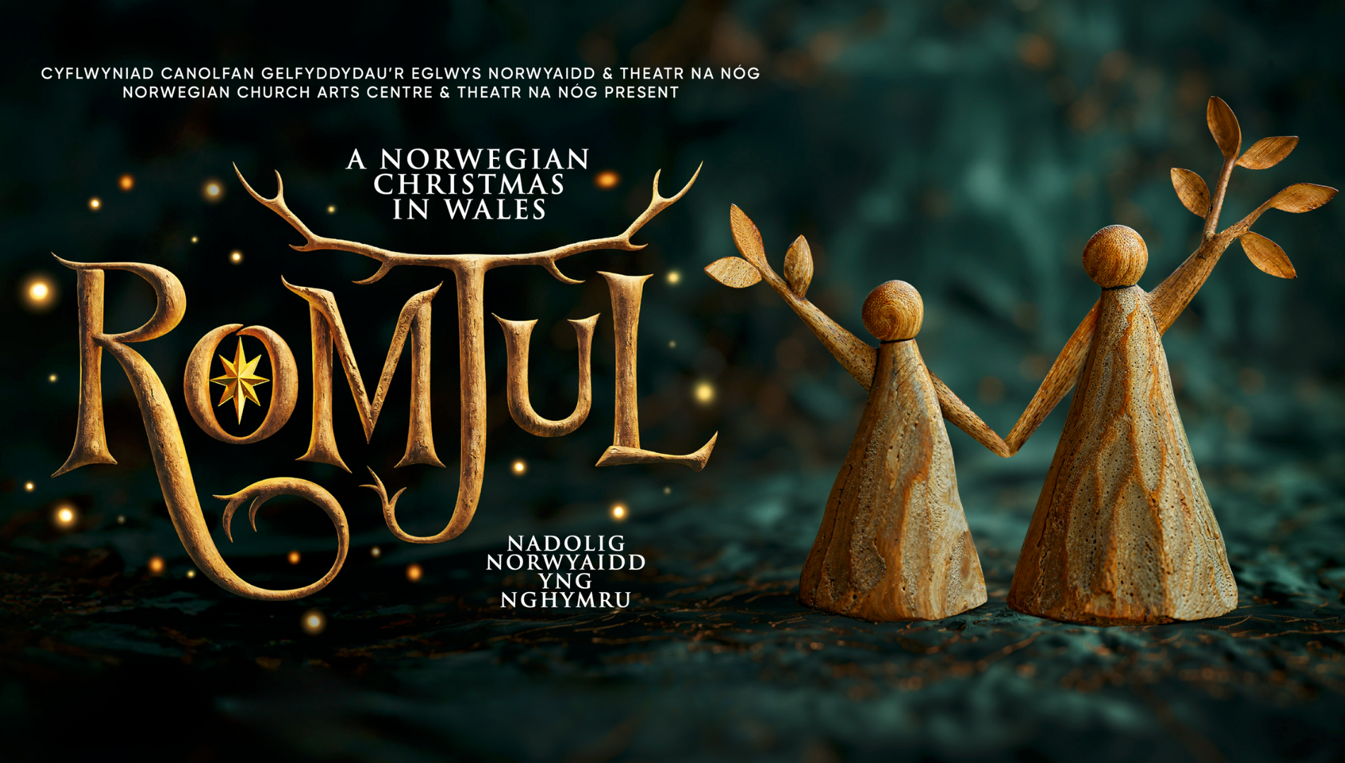 Romjul A Norwegian Christmas in Wales title with two wooden girls holding hands