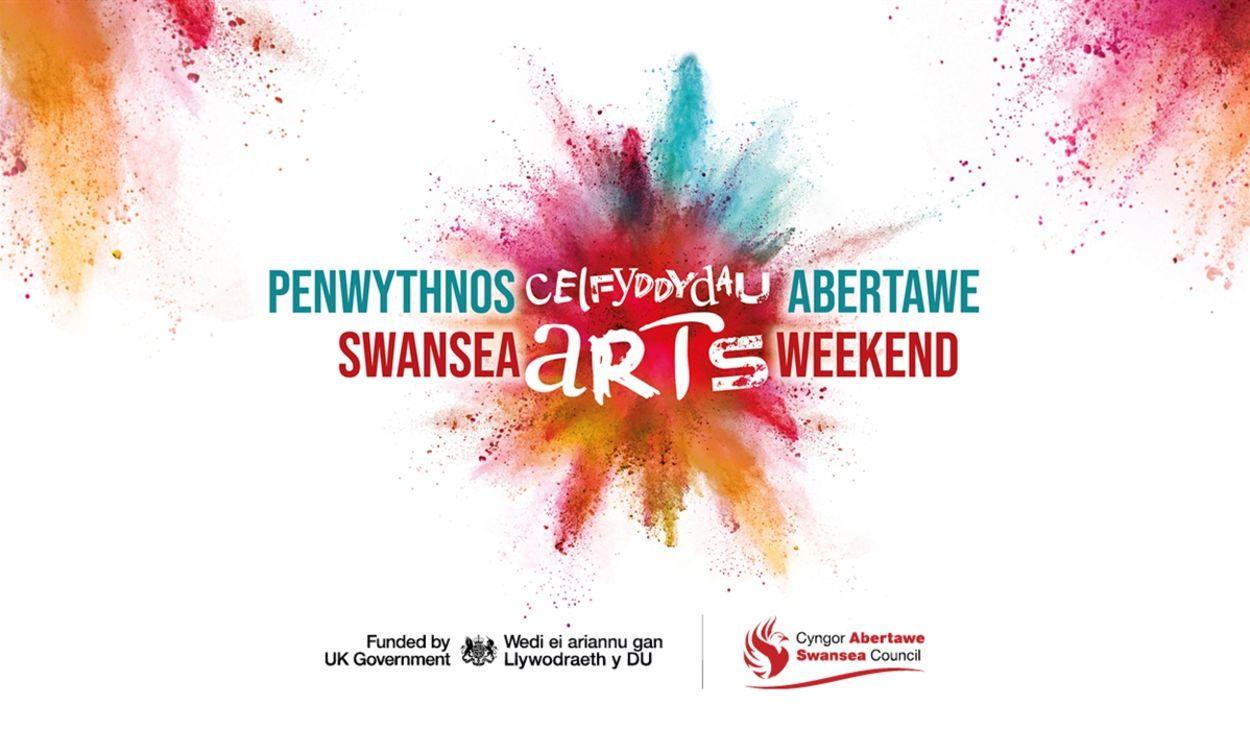 Swansea Arts Weekend text with splattered multicoloured paint. Swansea Council Logo. Funded by UK Government