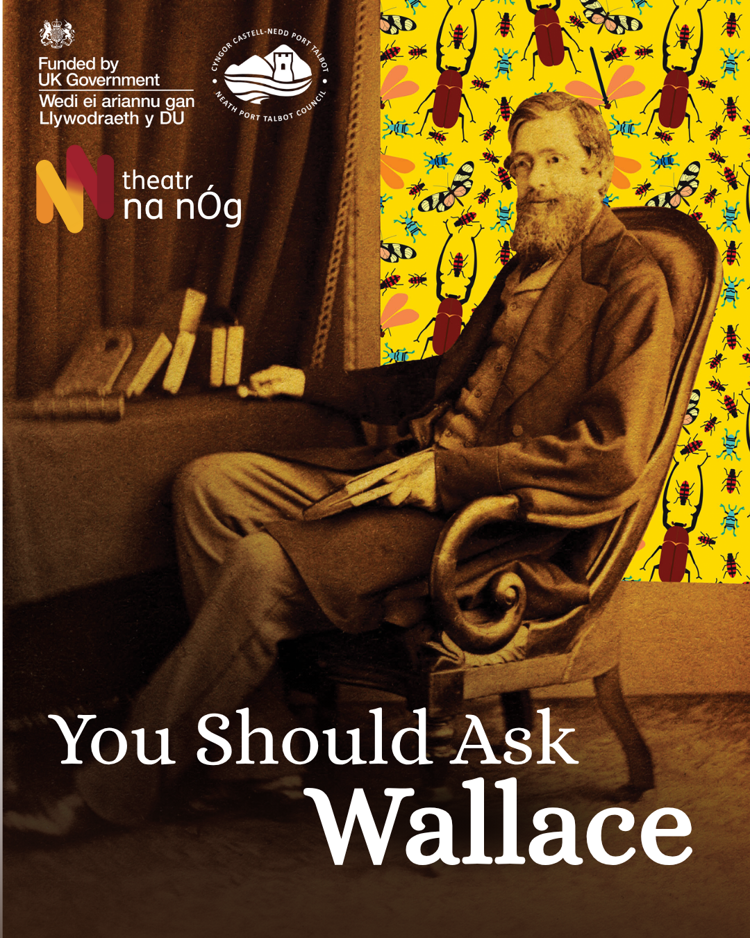 Drawn image of Alfred Russell Wallace sat in a chair, with the title You Should Ask Wallace